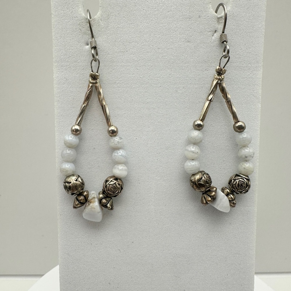 VTG 90s Boho Teardrop White Stone Beaded Earrings Silver Tone Women's Jewelry
